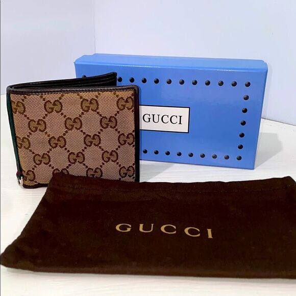 Gucci Other - Gucci Bifold Brown Tan Canvas Iconic GG Monogram Leather Trim With Red Crease